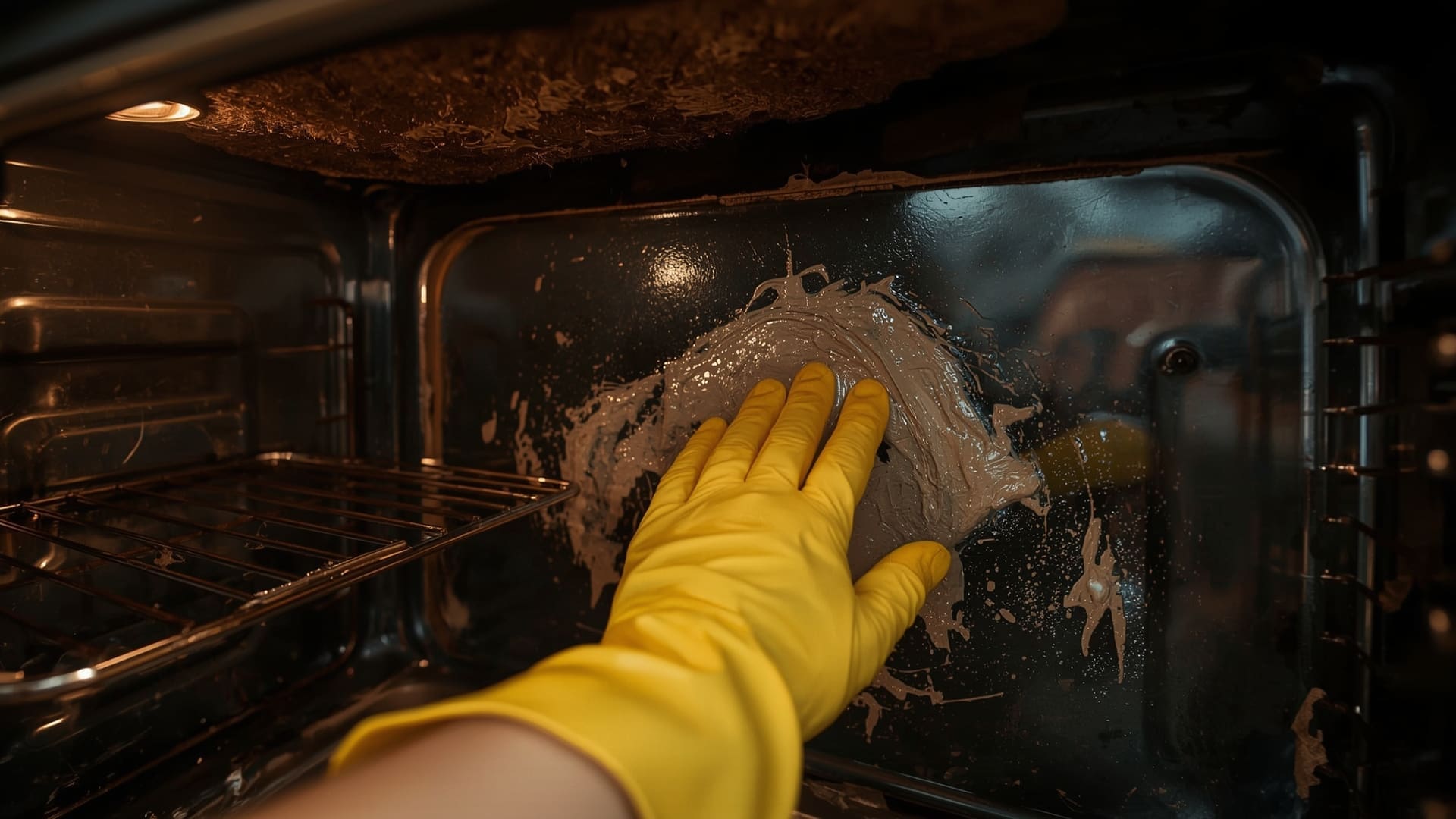 Gloved hand spreading baking soda paste inside a dirty oven interior