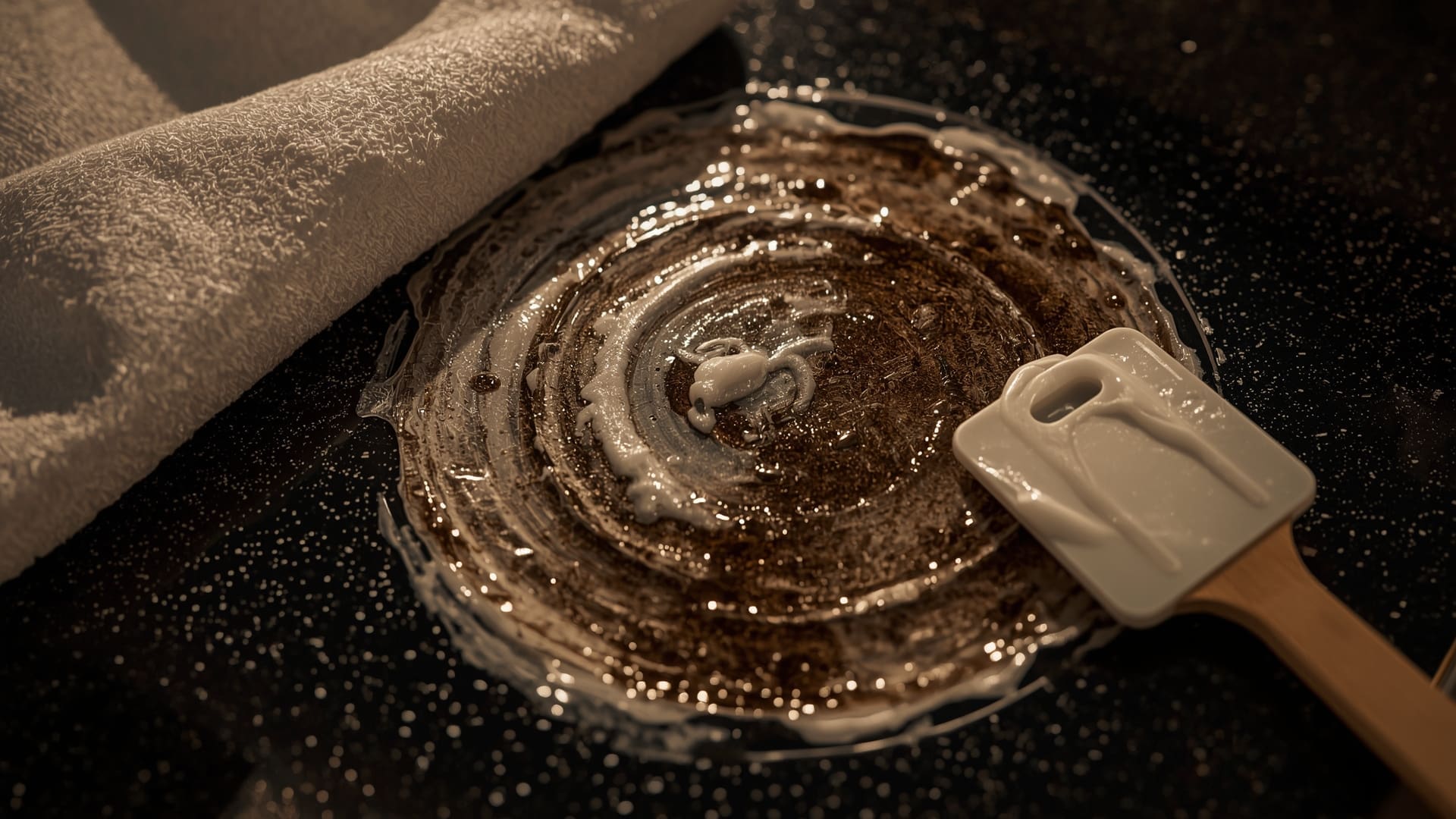 Baking soda paste applied over burnt-on grease stain on dark ceramic stovetop surface
