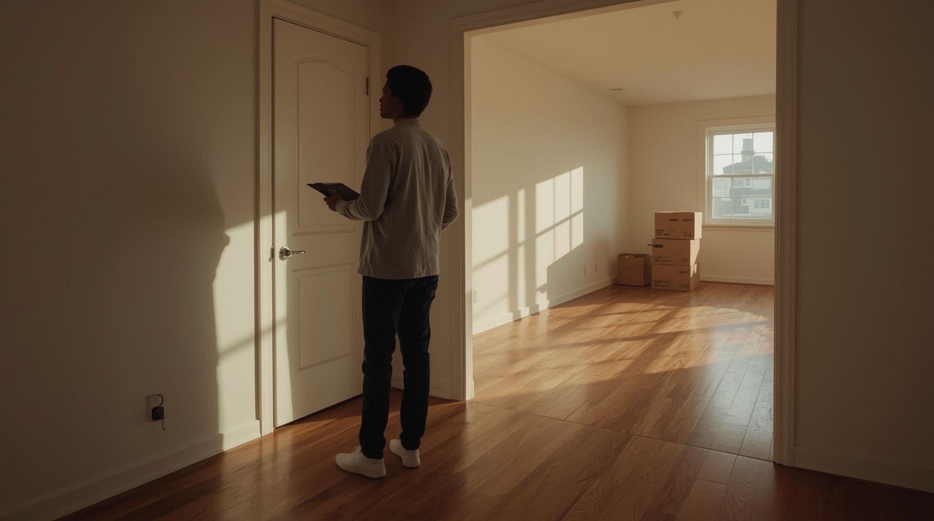 Tenant doing final walkthrough holding clipboard before handing over rental keys